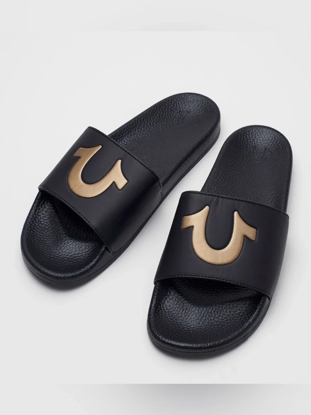 True Religion Black Slide Sandals Matte Gold Horseshoe Logo Size 43